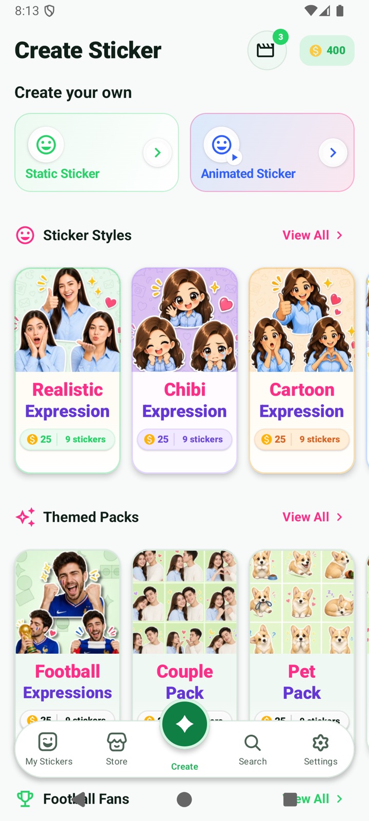 WAStickerAI Android app showing AI sticker styles and themed packs